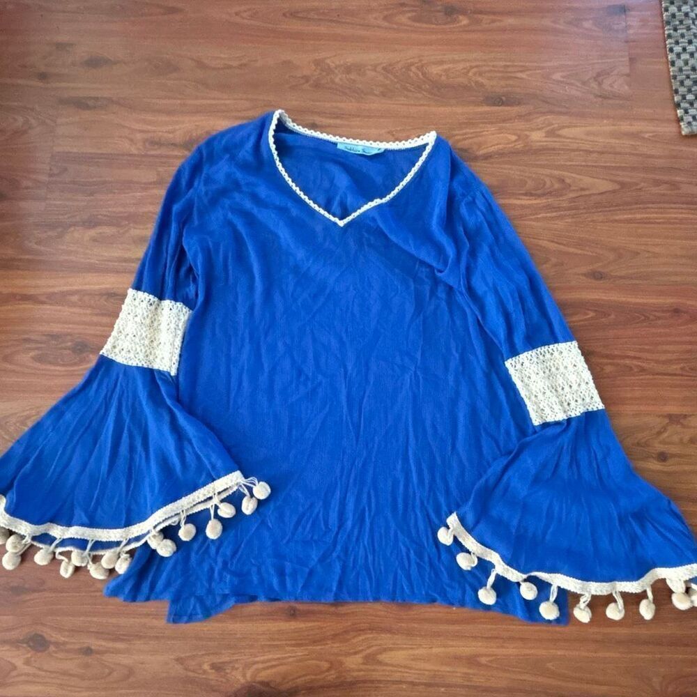 Solitaire Swim boho royal blue pom-pom sleeve crochet cover-up bathing suit cove